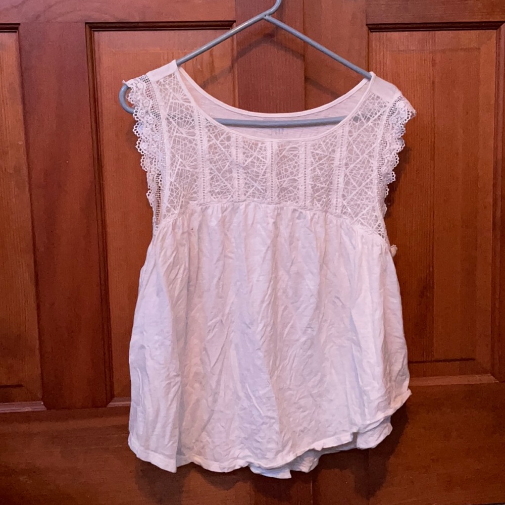 Gap White Tank Top with Mesh and Lace Neckline